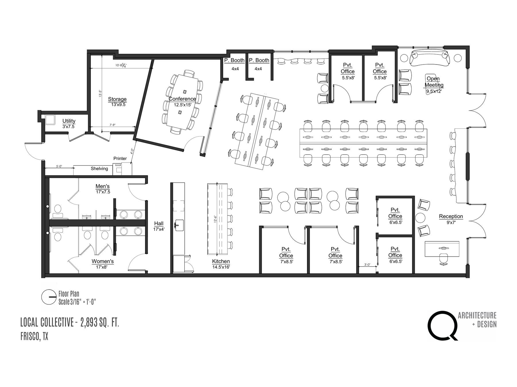 Measured 2D as-built floor plan of a 2,893 square foot office suite in Frisco, TX, with room dimensions called out for offices, conference, kitchen and reception