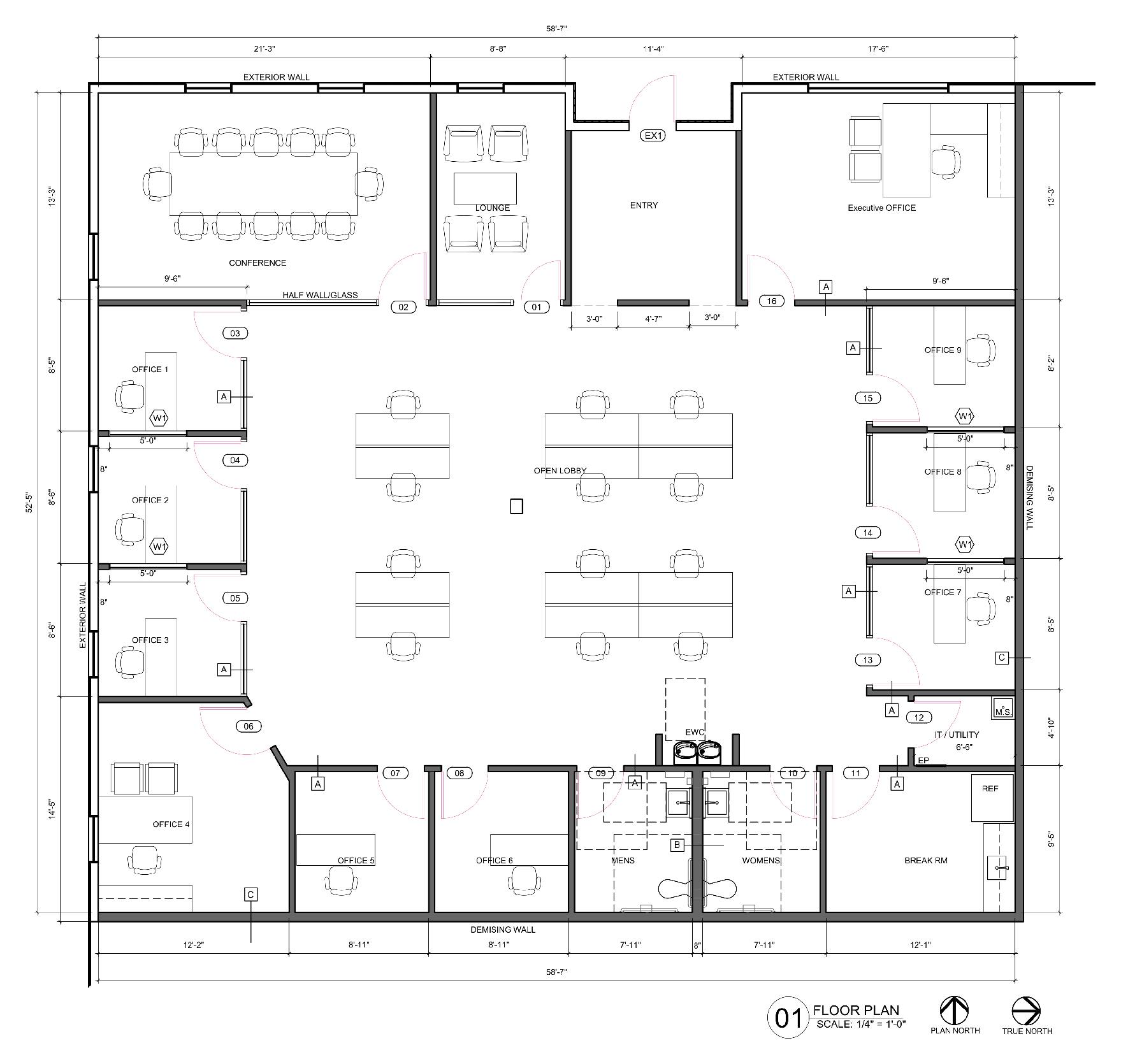 Draft commercial floor plan of a 58 by 52 foot office suite with furniture laid out, showing a conference room, lounge, entry, executive office, nine private offices around an open work area, restrooms and a break room