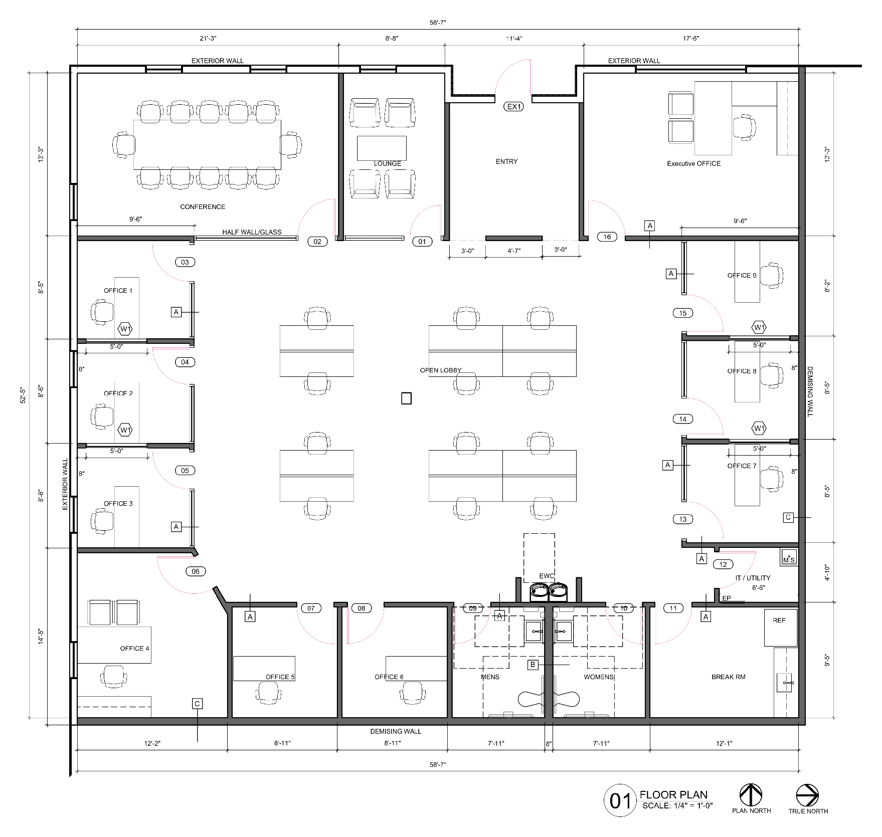 Draft commercial floor plan of a 58 by 52 foot office suite with furniture laid out, showing a conference room, lounge, entry, executive office, nine private offices around an open work area, restrooms and a break room