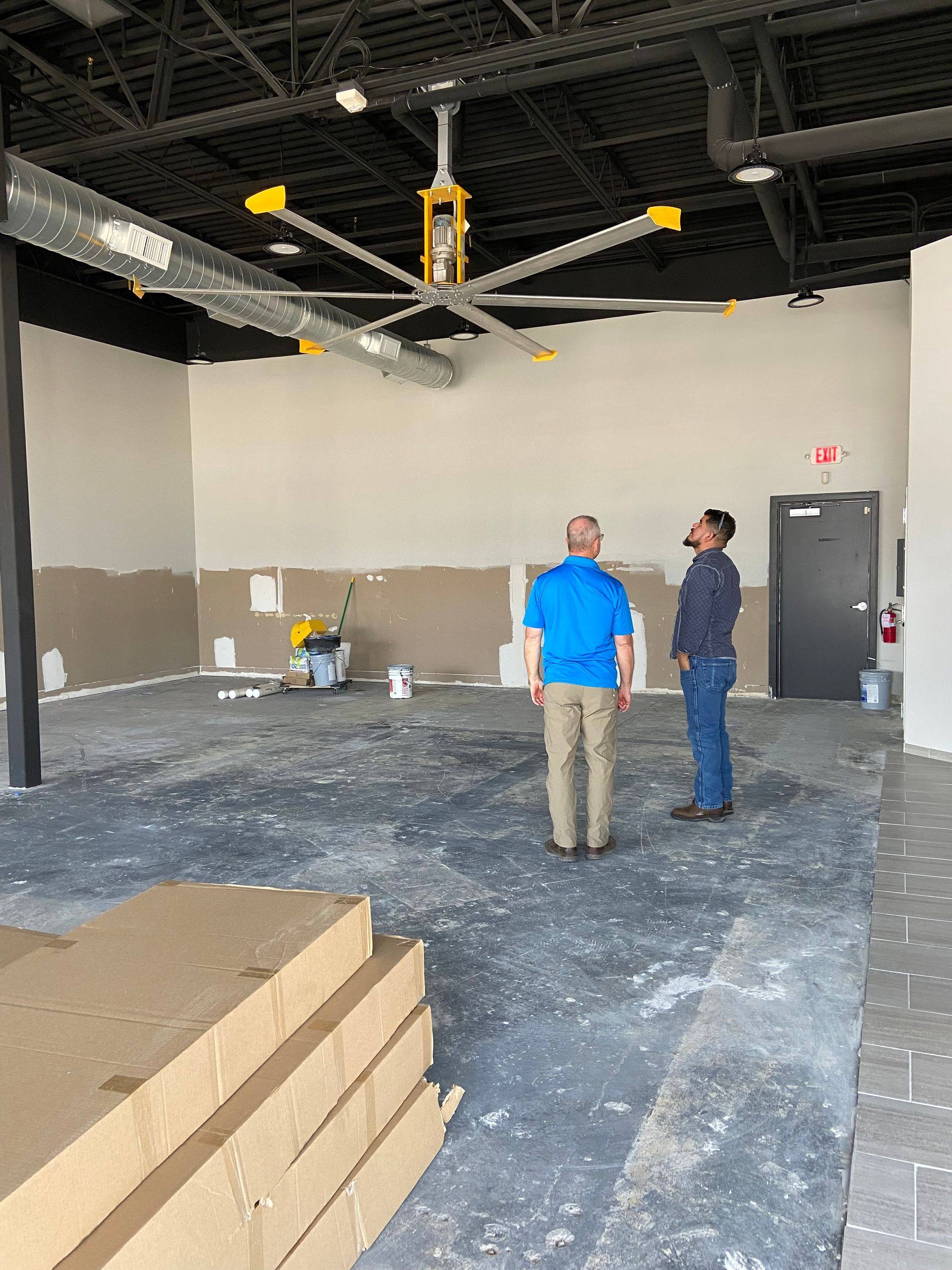 Progress: the large ceiling fan installed during the Rockstar Martial Arts remodel in Frisco, TX