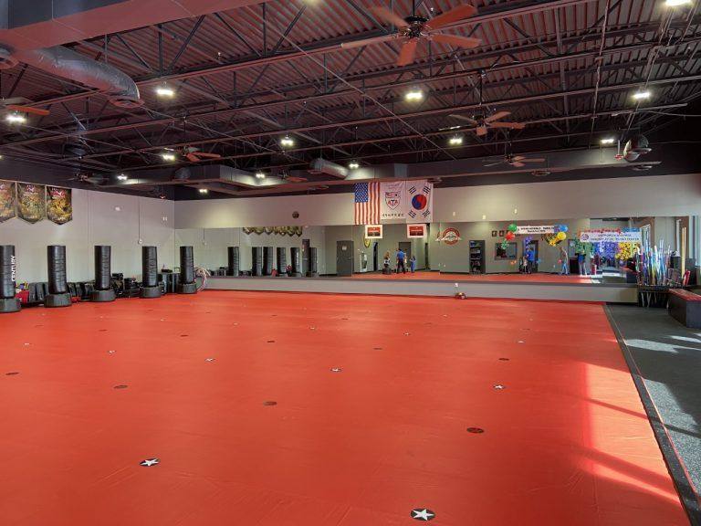 A further view of the Sustaire's Karate for Kids training center in Allen, TX, remodeled from two adjoining retail suites