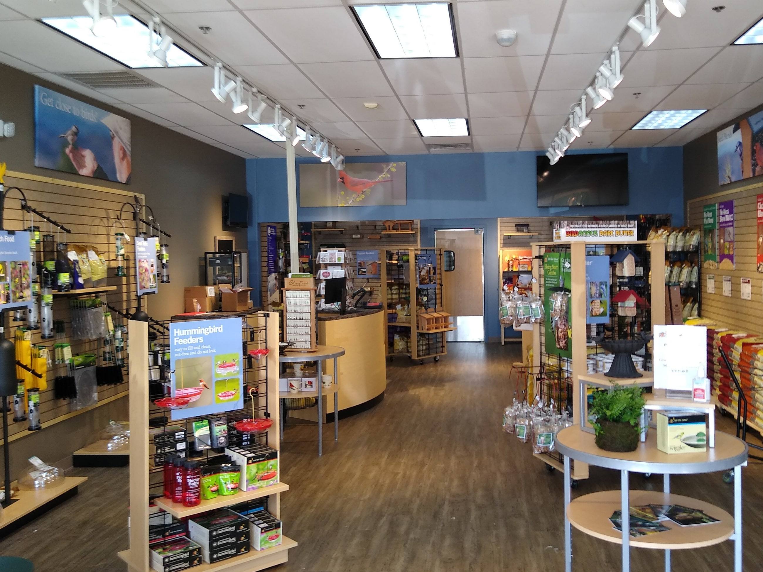The same Wild Birds Unlimited sales floor after remodel, with a blue accent band, track lighting, wood-look flooring, and merchandised fixtures